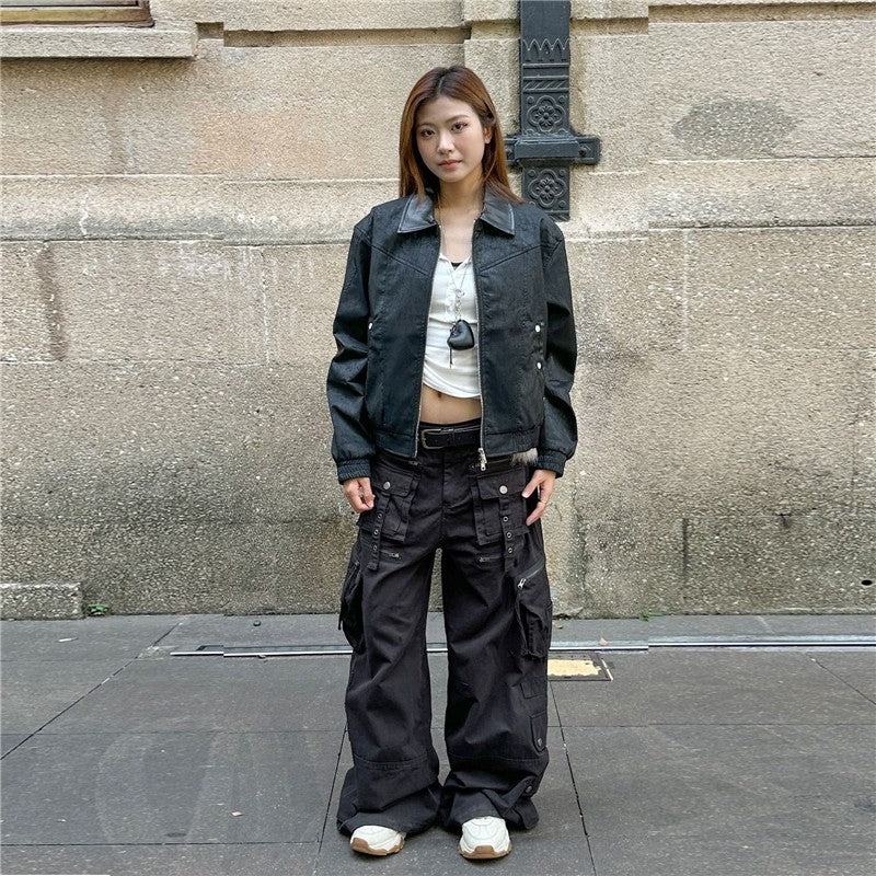 Flipped Collar PU Leather Jacket Street Style