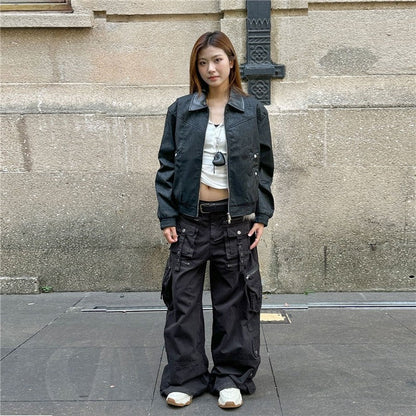 Flipped Collar PU Leather Jacket Street Style