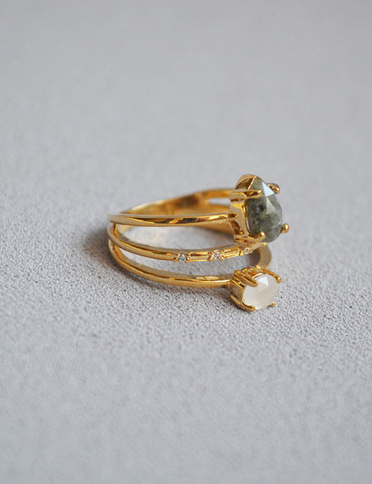 Multi-Layer Hollow Stone Gold Plated Open Rings