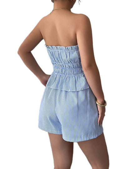 Elegant Stripe Strapeless Tie Front Mini Shorts Set
