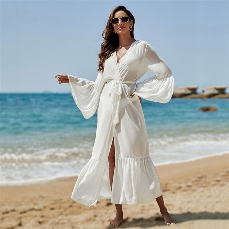 Long-Sleeve Deep-V White Cover-Up