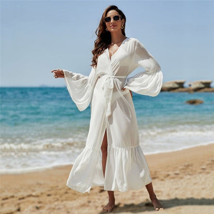 Long-Sleeve Deep-V White Cover-Up