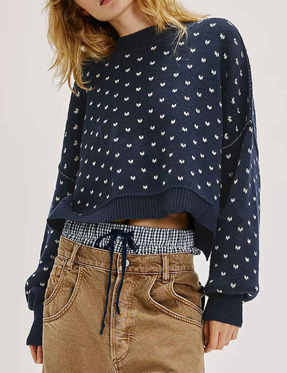 Trendy Round Neck Butterfly Jacquard Cropped Sweater