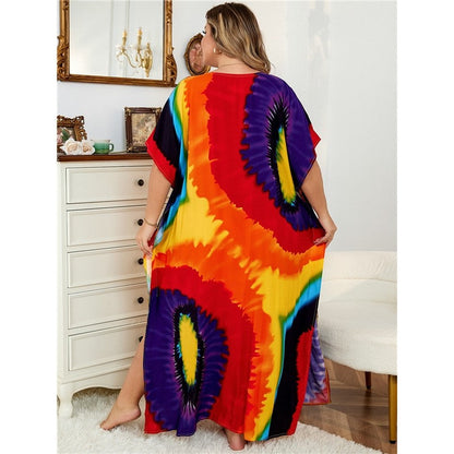 Contrast Color Printing V-Neck Short Sleeve Casual Loose Long Beach Dress Bikini Cover-Up