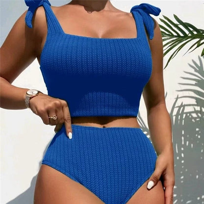 Two Piece High Waist Conservative Solid Color Swimsuit
