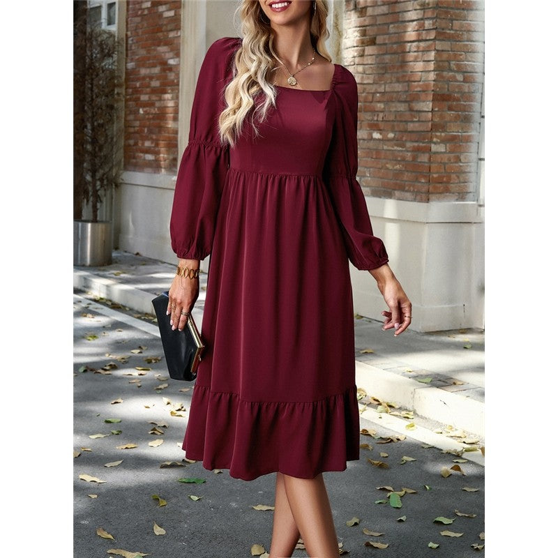 Solid Color Square Neck Ruffle Skirt Waisted Long-Sleeved Dress