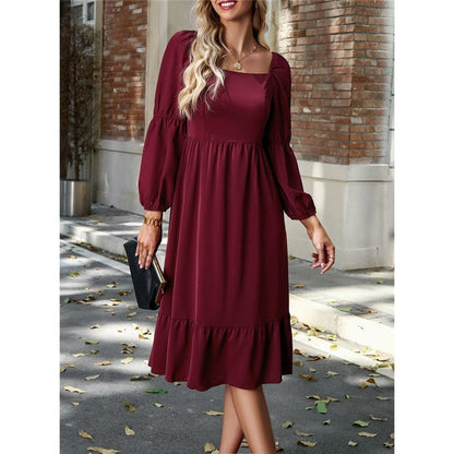 Solid Color Square Neck Ruffle Skirt Waisted Long-Sleeved Dress