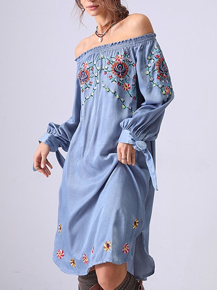 Flower Embroidered Off Shoulder Midi Dress