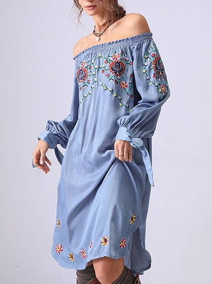 Flower Embroidered Off Shoulder Midi Dress