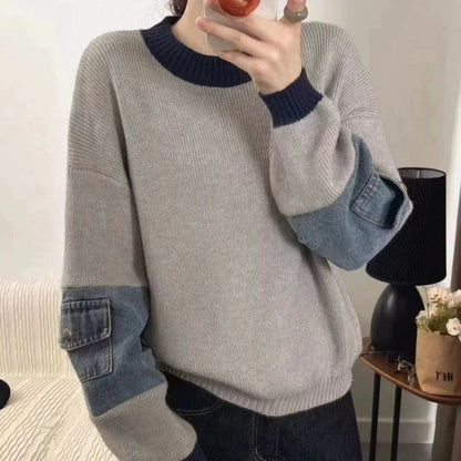 Denim Patchwork Pullover Sweater