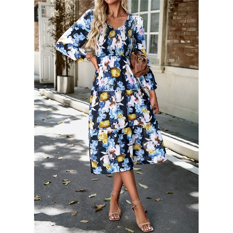 V Neck Print Nine Quarter Sleeve Dress