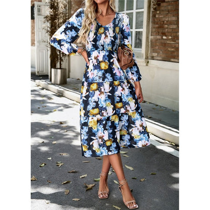 V Neck Print Nine Quarter Sleeve Dress