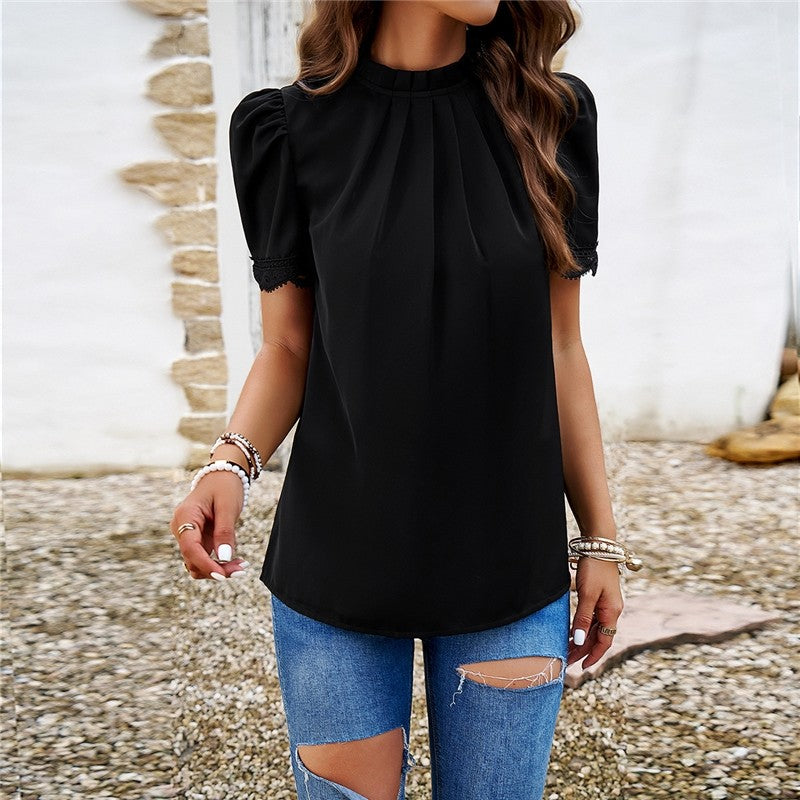Solid Color Half Turtleneck Short Sleeve Blouse