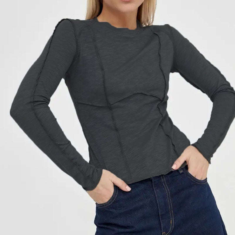 Elegant Splice Round Neck Long Sleeve Top
