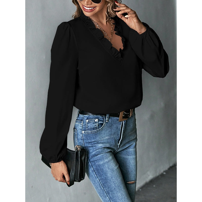 Long Sleeves Loose Ruffled Solid Color V-Neck Blouses&Shirts Tops