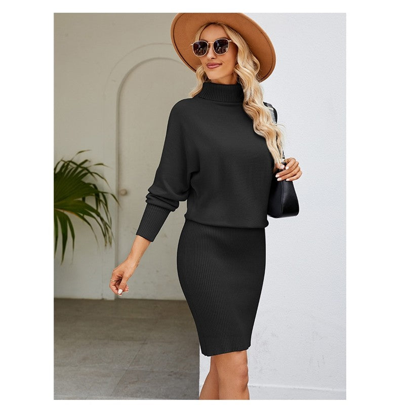 Solid Color Long Sleeves High Neck Knitted Bodycon Dress