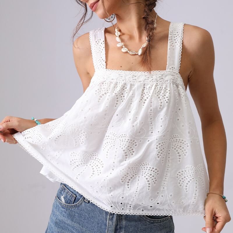Palm Tree Embroidery Hollow Cotton Tank Top