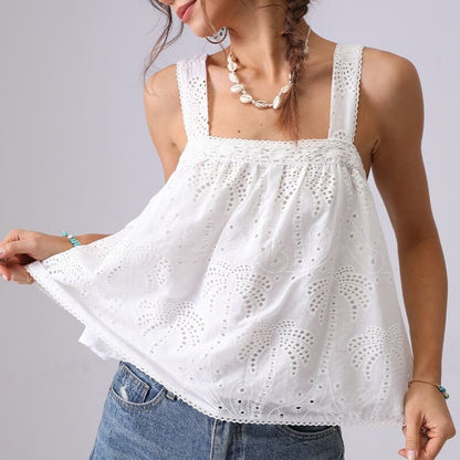 Palm Tree Embroidery Hollow Cotton Tank Top