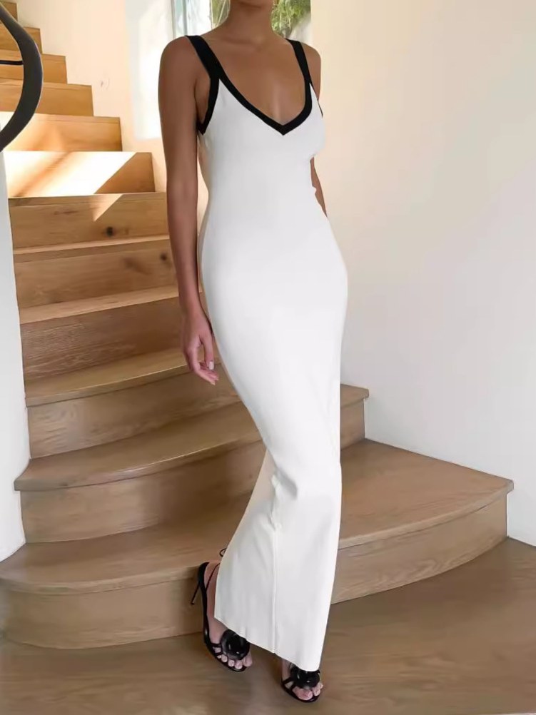 Color Block Sexy Split Knit Spaghetti Dress