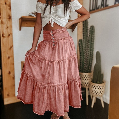 A-Line Denim Skirt With Flounce Hem