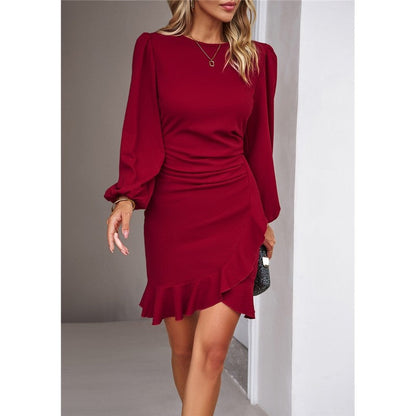 Round Neck Ruched Puff Sleeve Dress