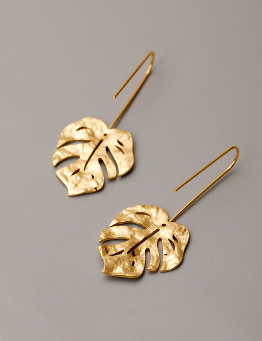 Gold Plated Monstera Leaf Drop Earrings