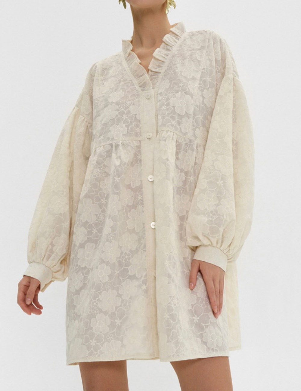 Flower Jacquard Lantern Sleeves Sweet Mini Dress