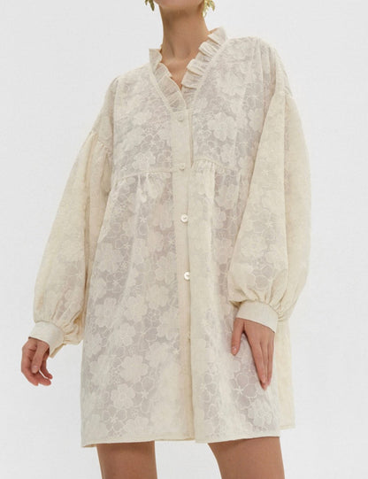 Flower Jacquard Lantern Sleeves Sweet Mini Dress