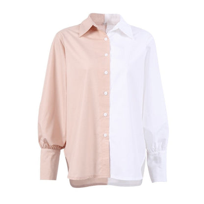 Contrast Color Lapel Long Sleeve Single Breasted Blouse