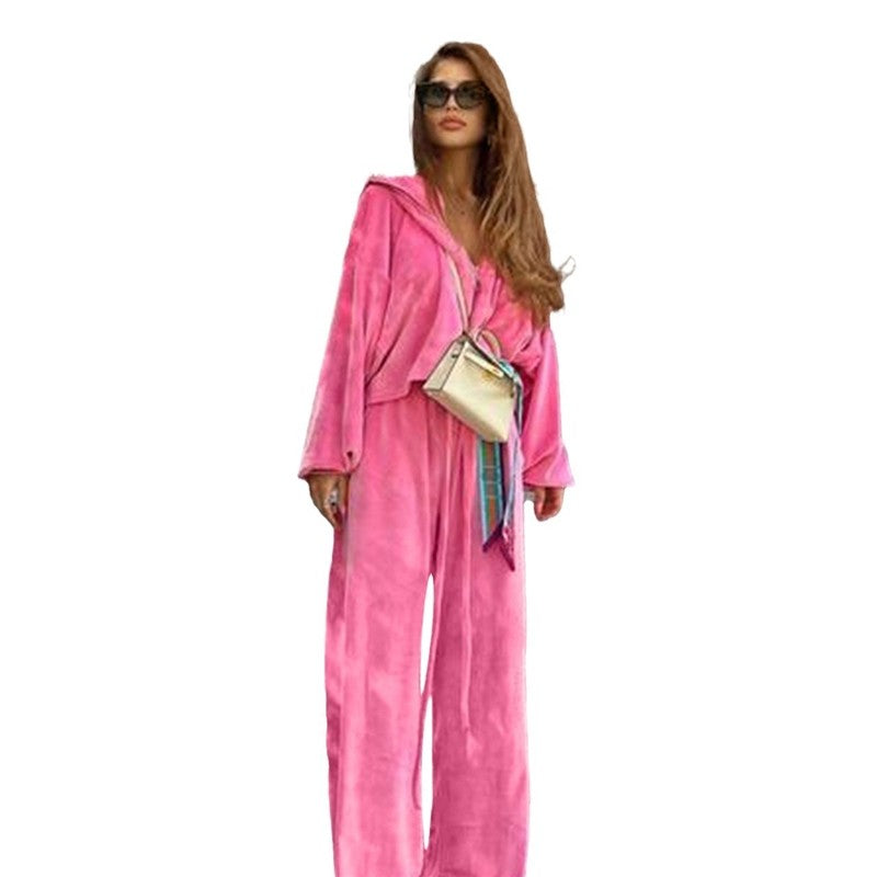 Stylish Velvet Zip-Up Top And Drawstring Pants Set