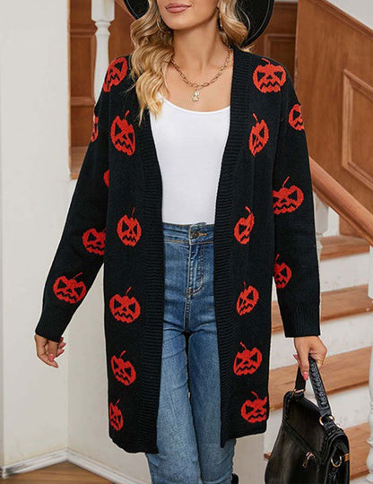 Halloween Pumpkin Long Knit Cardigan