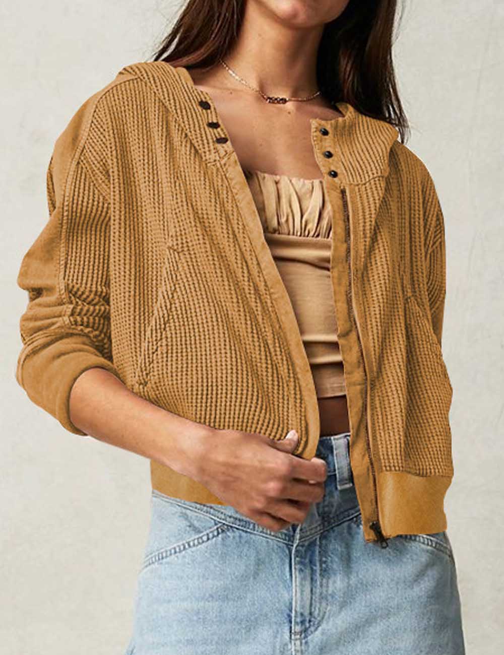 Casual Solid Color Zip Up Cropped Hoodie