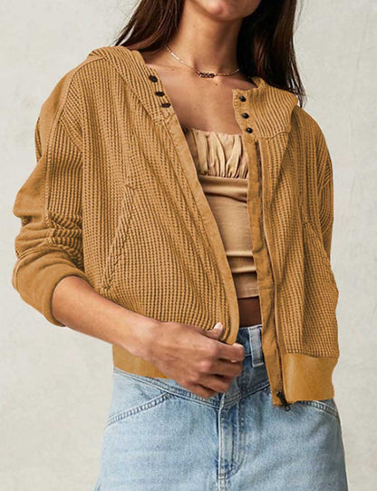 Casual Solid Color Zip Up Cropped Hoodie
