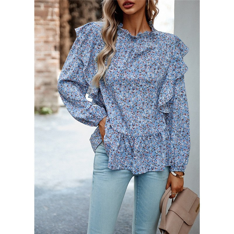 Lace Collar Floral Wood Ear Trim Shirt