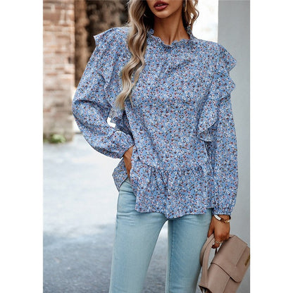 Lace Collar Floral Wood Ear Trim Shirt