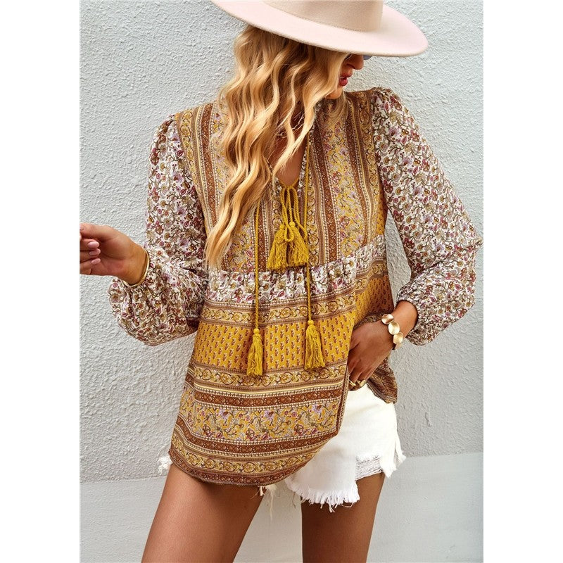 Long Sleeves V-Neck Printing Boho Blouse Top