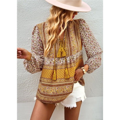 Long Sleeves V-Neck Printing Boho Blouse Top