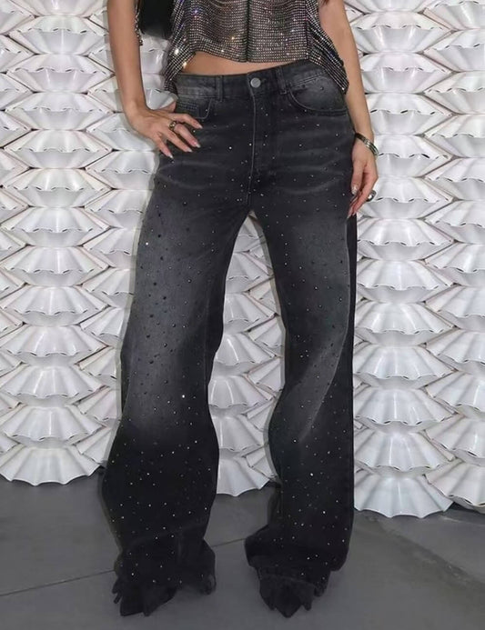 Distressed Washed Rhinestone Loose Jeans