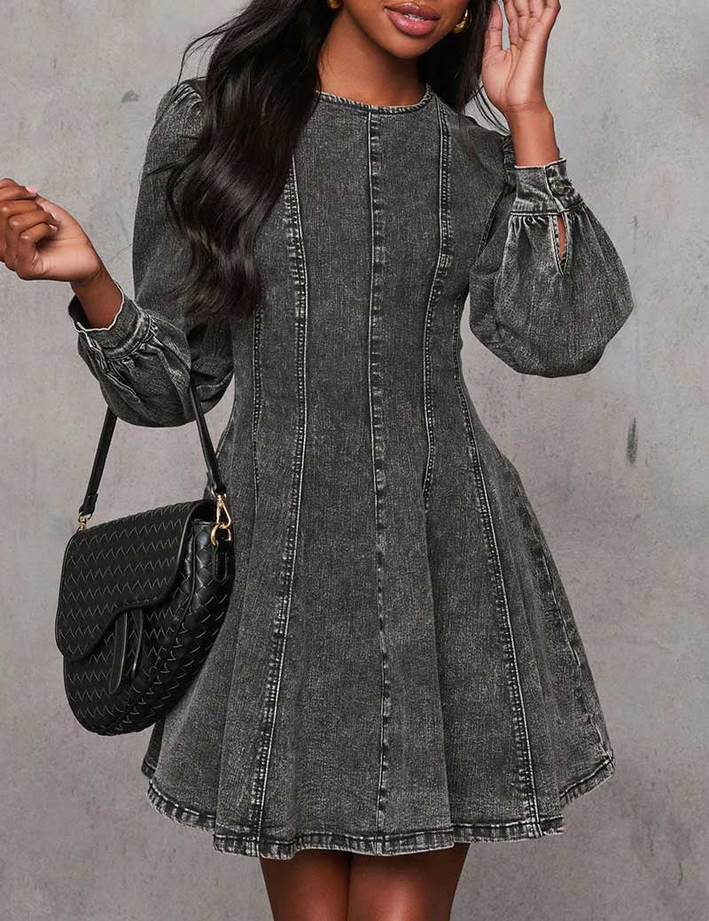 Splicing Washed Long Sleeves Denim Mini Dress
