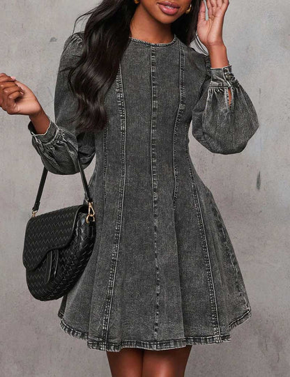 Splicing Washed Long Sleeves Denim Mini Dress