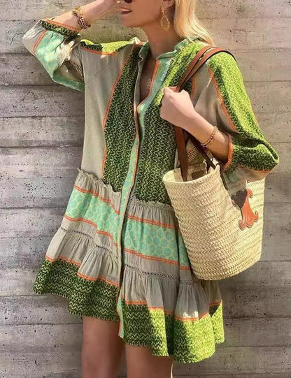 Ruffle Print Lantern Sleeves Buttons Mini Dress