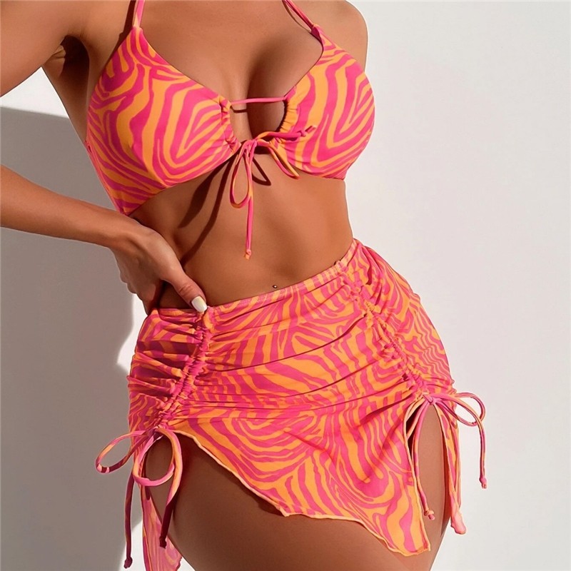 Striped Split Three-Piece Printed Bikini Swimsuit