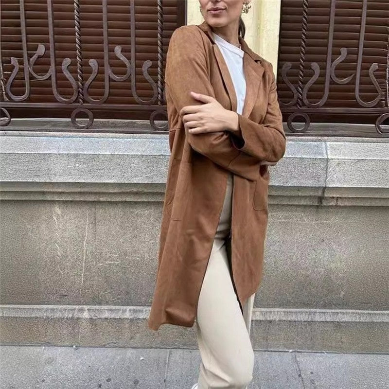 Velvet Suit Collar Casual Trench Coat