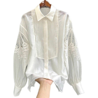 Solid Color Long Sleeves Lapel Embroidery Casual Loose Blouse
