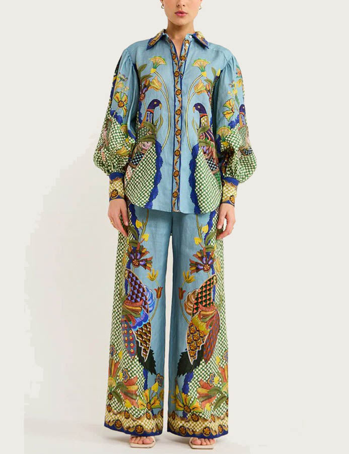 Animal Print Puff Sleeve Tie Vacation Set