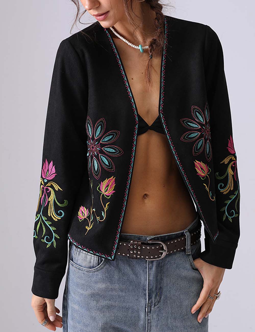 Boho Flower Embroidered Long Sleeve Suede Top