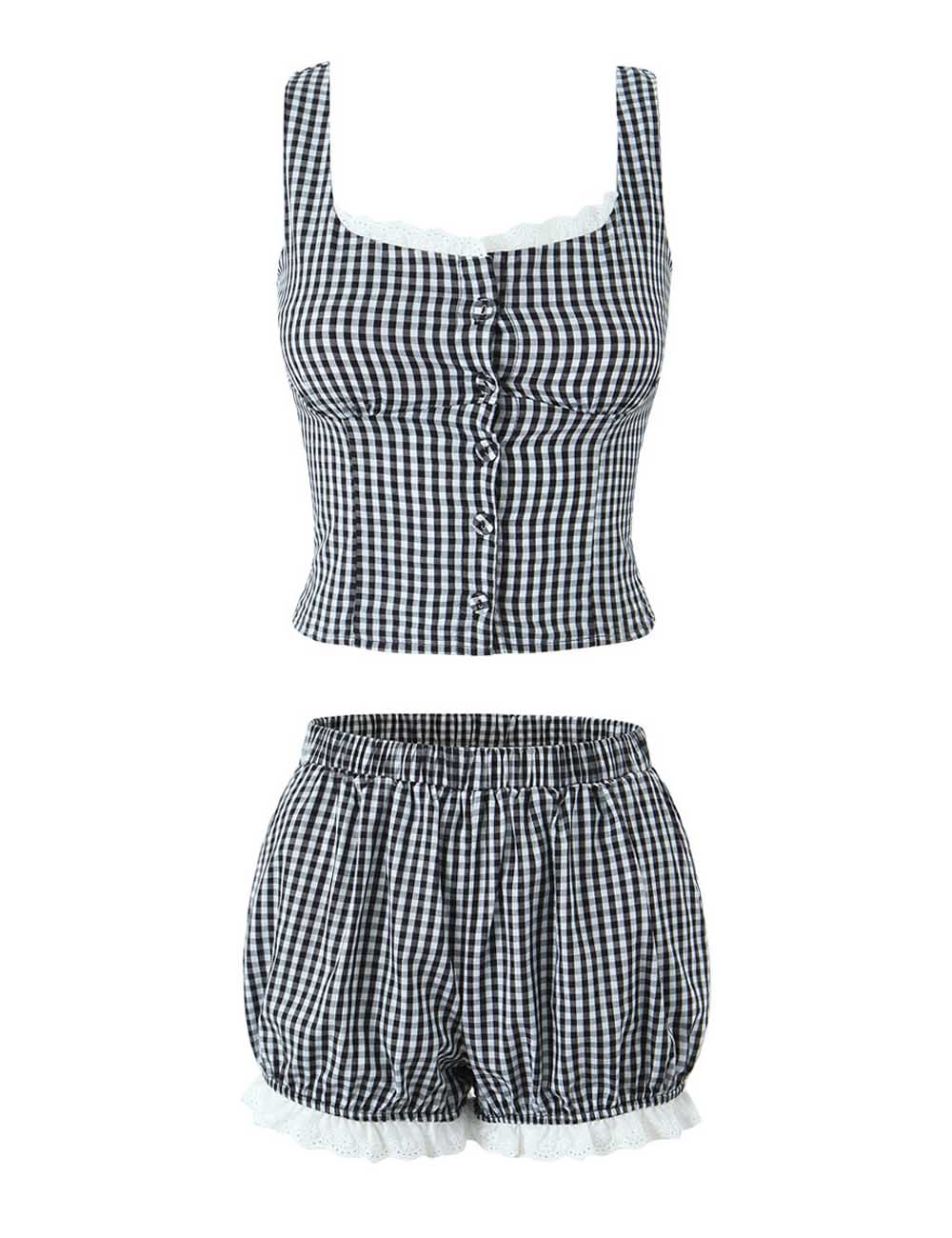 Cute Lace Trim Cami Pleated Bubble Shorts Set