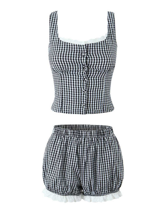 Cute Lace Trim Cami Pleated Bubble Shorts Set