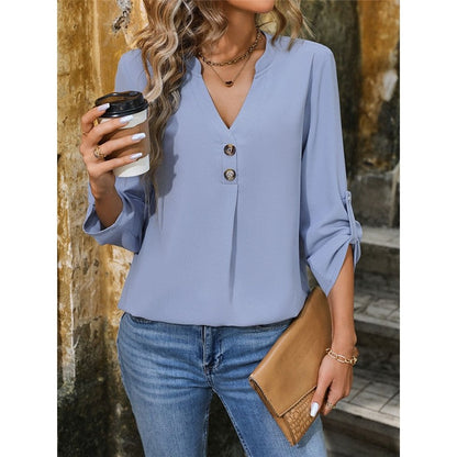 Solid Color Long-Sleeved Commuter V-Neck Button-Down Pullover Shirt