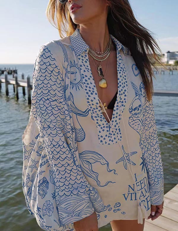 Casual Print Deep V-Neck Top Short Set